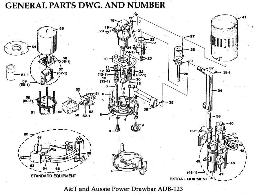 Aussie AT-158 Universal Power Draw Bar Exploded Drawing